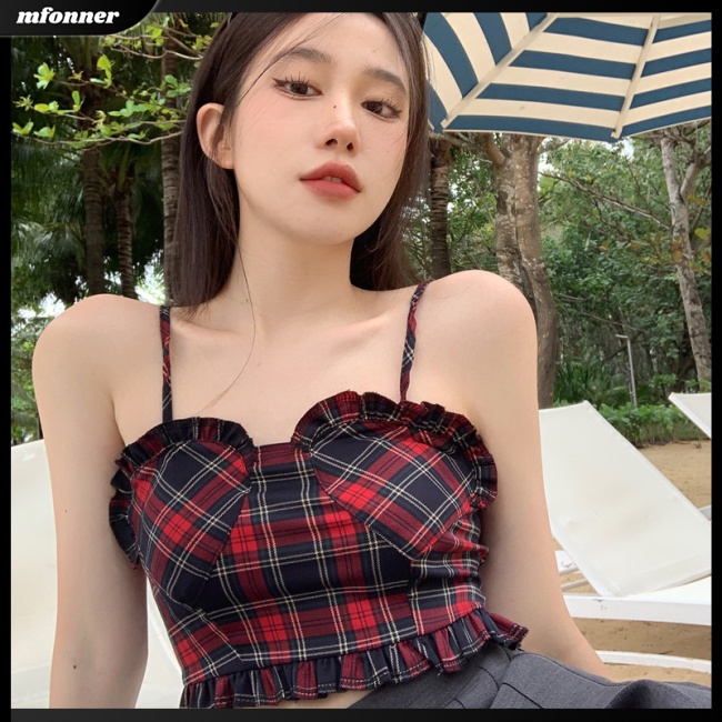 Áo Tank Top Hai Dây Ôm Dáng Họa Tiết Caro / Trái Tim Cổ Điển Quyến Rũ Cho Nữ