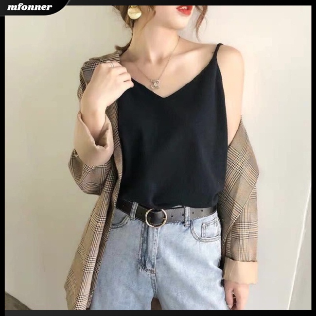 Áo Tank Top Dệt Kim Dáng Rộng Cổ Chữ V Màu Trơn Thời Trang Quyến Rũ Cho Nữ