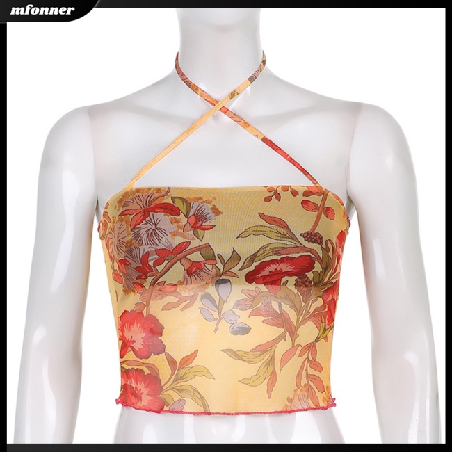Áo Tank Top Sát Nách Phối Lưới Thoáng Khí In Họa Tiết Hoa Thời Trang Đường Phố Cho Nữ