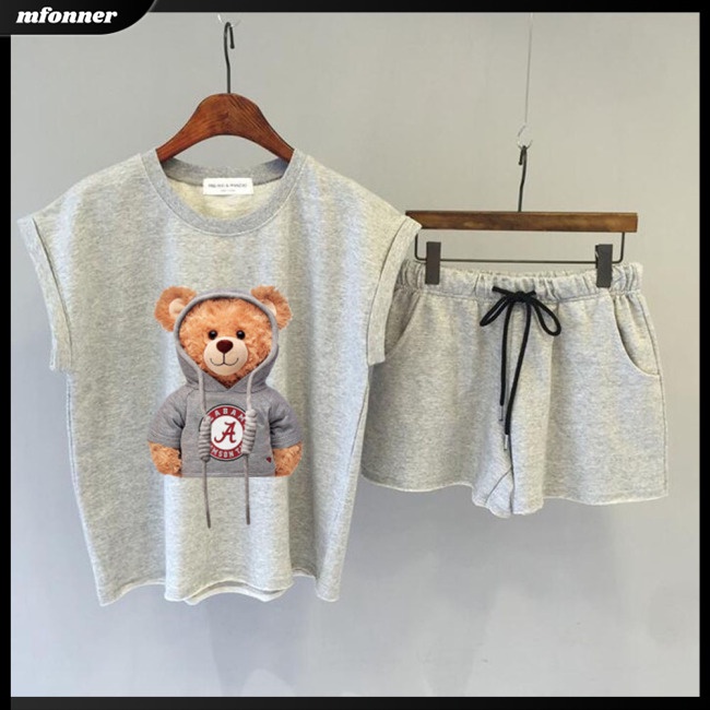 Bộ Trang Phục 2 Mảnh Gồm Áo Sát Nách Cổ Tròn In Họa Tiết Gấu Hoạt Hình + Quần Short Lưng Thun Cho Nữ