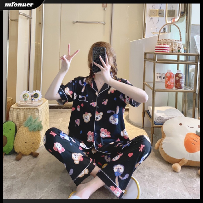 Bộ Đồ Ngủ 2 Món Bằng Lụa Tay Dài Cổ Bẻ In Họa Tiết Hoạt Hình + Quần Dài Thời Trang Xuân Thu Cho Nữ