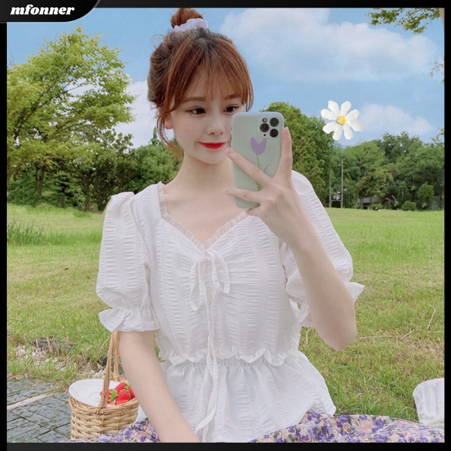 Áo Kiểu Tay Phồng Cổ Chữ V Màu Sắc Ngọt Ngào Nữ Tính