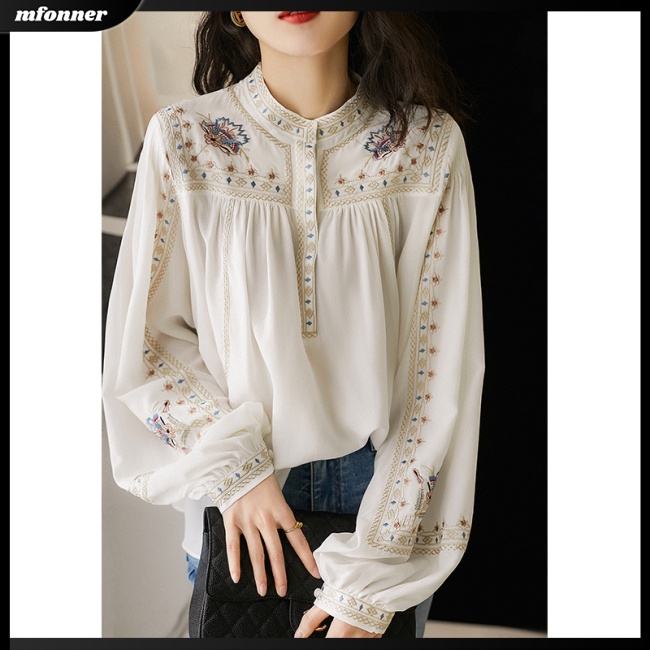 Áo Sơ Mi Tay Phồng Cổ Đứng Màu Trơn In Họa Tiết Phong Cách Retro Thời Trang Cho Nữ