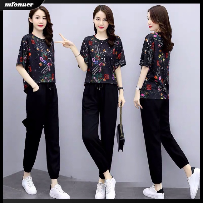 Set Đồ Thời Trang 2 Món Áo Thun Phối Quần Dài In Họa Tiết Thời Trang Xinh Xắn Cho Nữ