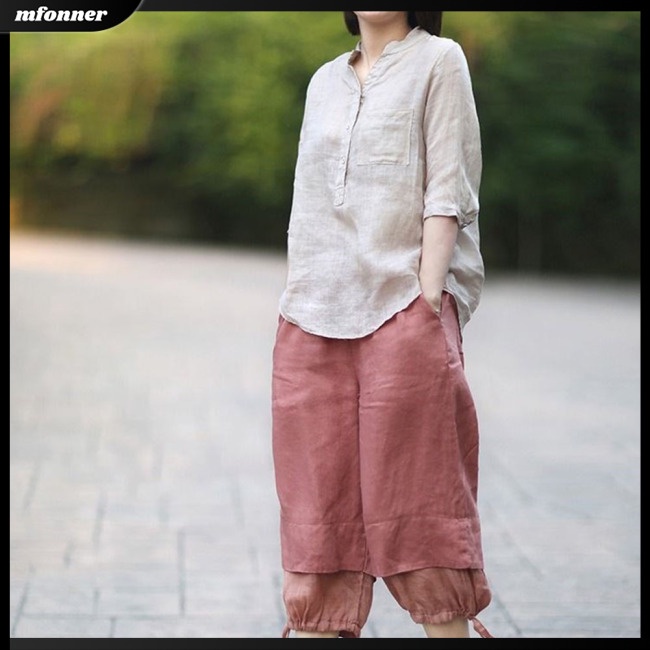 Áo Sơ Mi Cotton Lanh Cổ Đứng Dáng Rộng Tay Lửng Thời Trang Mùa Hè Cho Nữ