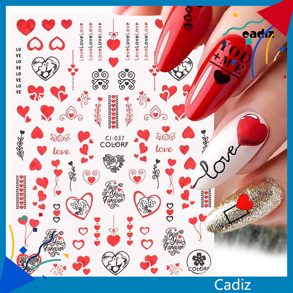 Bộ 2 Miếng Dán Móng Tay Tự Dính Không Phai Họa Tiết Trái Tim Màu Đỏ Dùng Trang Trí DIY