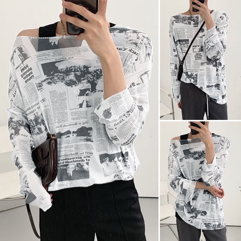 Áo thun INCERUN tay dài chống nắng họa tiết báo trắng đen cá tính cho nam