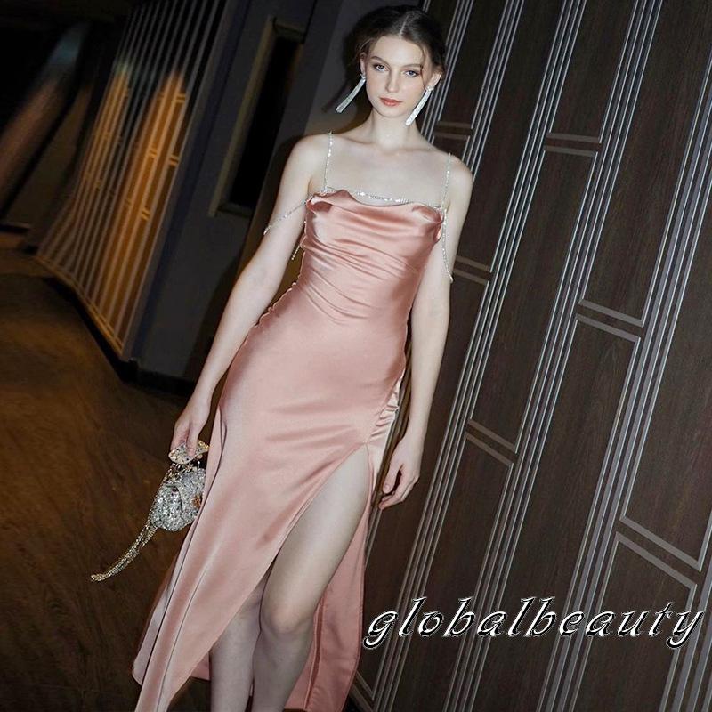 Đầm Hai Dây Vải Satin Xẻ Tà Cao Đính Đá Màu Sắc Đơn Giản Cho Nữ