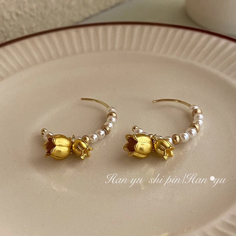 Bông Tai Hoa Lily Đính Ngọc Trai Sang Trọng Phong Cách Pháp Thời Trang Cho Nữ