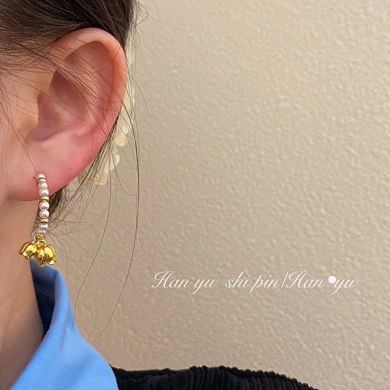 Bông Tai Hoa Lily Đính Ngọc Trai Sang Trọng Phong Cách Pháp Thời Trang Cho Nữ