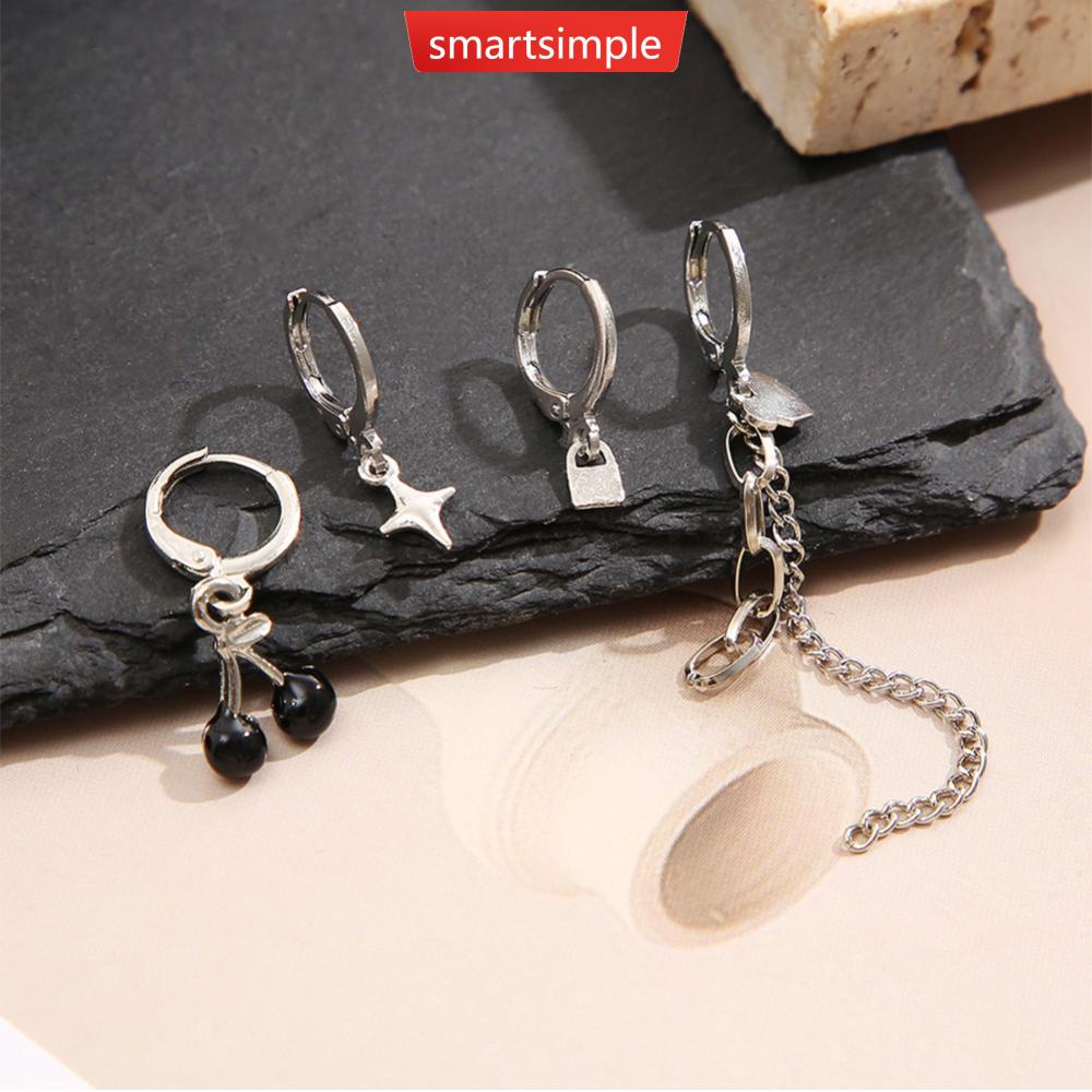 Bộ 4 Khuyên Tai Hợp Kim Hình Gấu Và Cherry Dễ Thương H4X4