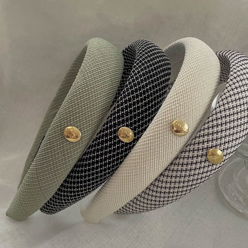 Băng Đô Cài Tóc Bằng Xốp Và Vải Kẻ Sọc Caro In Chữ Kim Loại Thời Trang Hàn Quốc