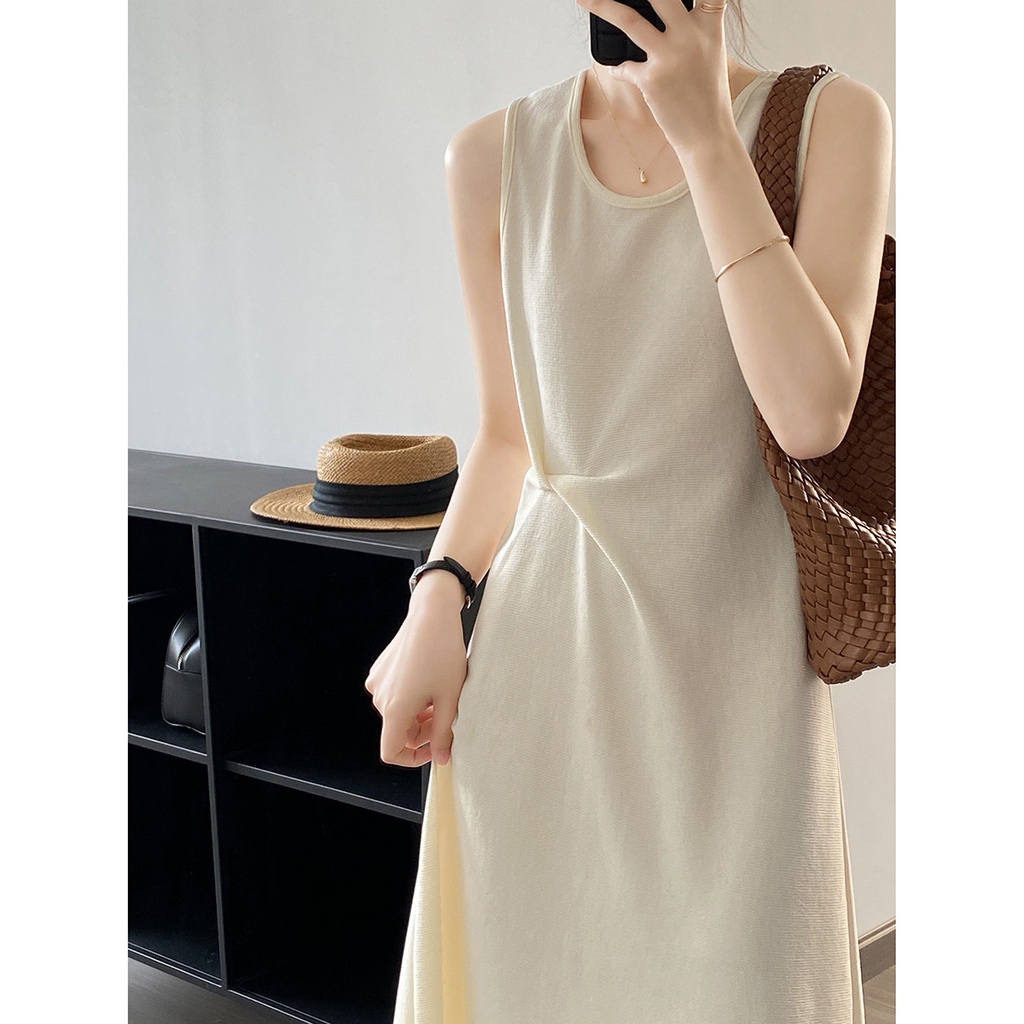 Đầm Midi Không Tay Cổ Chữ U Thắt Nút Đôi Màu Trơn Thời Trang Mùa Hè Hàng Mới 2023 3153