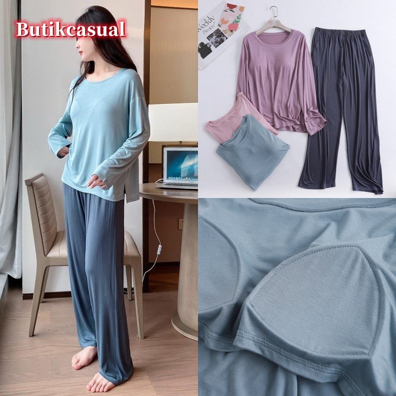Bộ Đồ Ngủ 2 Món Bằng Vải Cotton Tay Dài Cổ Tròn Thoải Mái Thời Trang Mùa Hè 2023