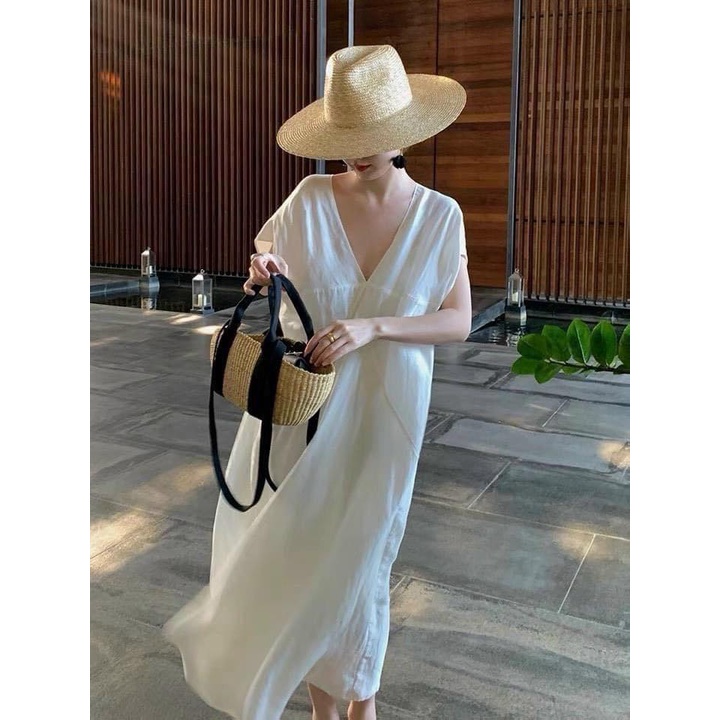 Đầm suông maxi oversize cổ V tay cánh dơi