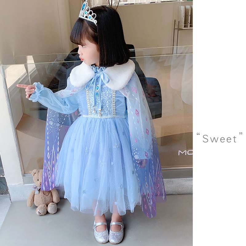 Áo Choàng Hóa Trang Công Chúa Elsa Phối Lông Có Thể Tháo Rời Cho Bé Gái Dịp Halloween