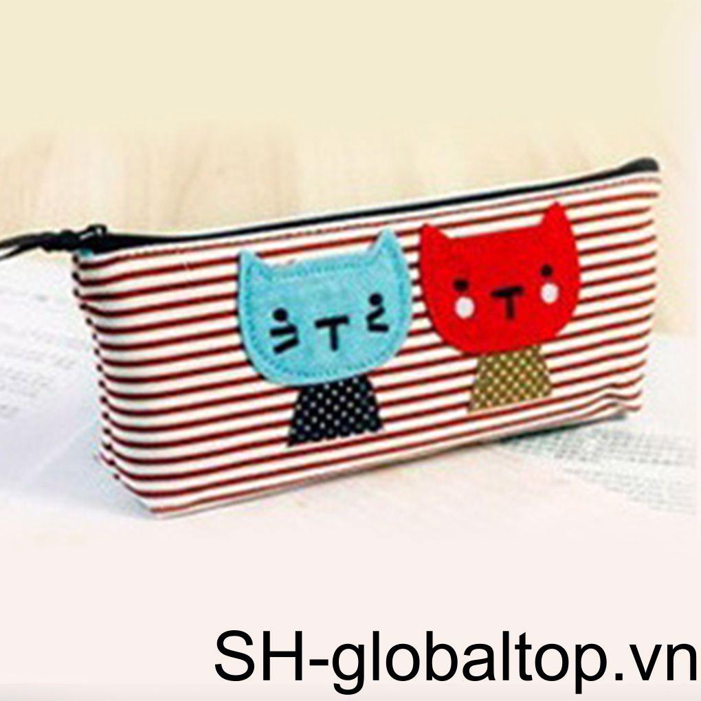 Túi Đựng Bút Bằng Vải Canvas Cỡ Lớn In Hình Mèo Dễ Thương Giá Đỡ