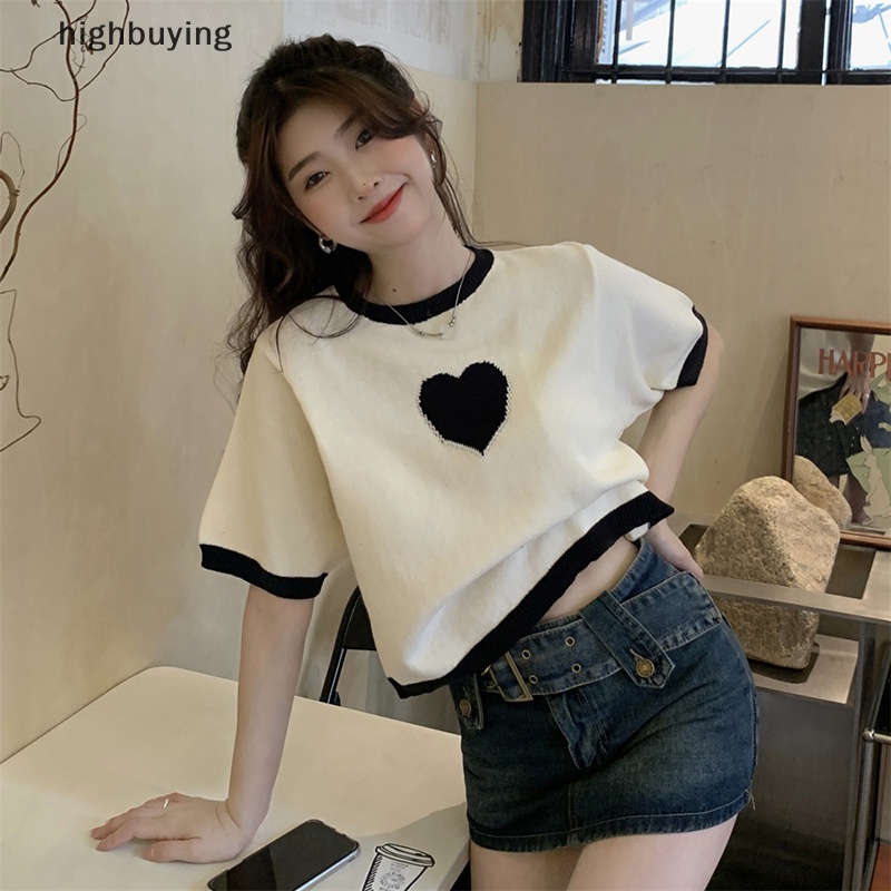 Áo Thun Croptop Dệt Kim Tay Ngắn Cổ Tròn Dáng Rộng In Hình Trái Tim Thời Trang Mùa Hè Cho Nữ