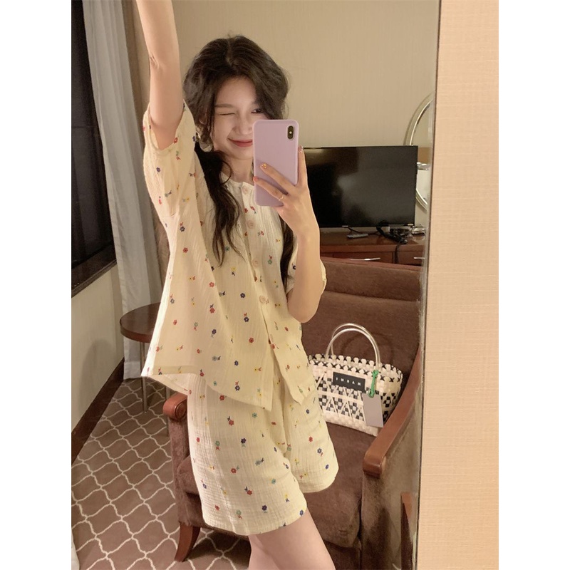 Bộ Đồ Ngủ Tay Ngắn In Hoa Dễ Thương Thoải Mái Thời Trang Mùa Hè Cho Nữ