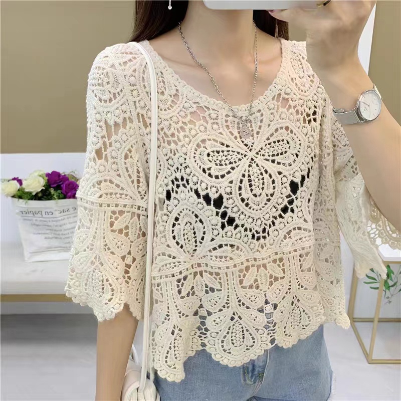 Áo Dệt Kim Mỏng Dáng Rộng Tay Lửng Phối Ren Lỗ Thời Trang Quyến Rũ Cho Nữ