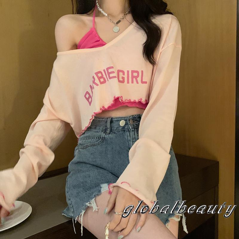 Bộ Áo Croptop Không Tay + Áo Thun Dài Tay Cắt Hở Lưng Gợi Cảm Cho Nữ