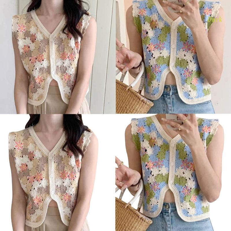 Áo Khoác Cardigan Dệt Kim Sát Nách Phối Nút Hoạ Tiết Hoa Màu Tối