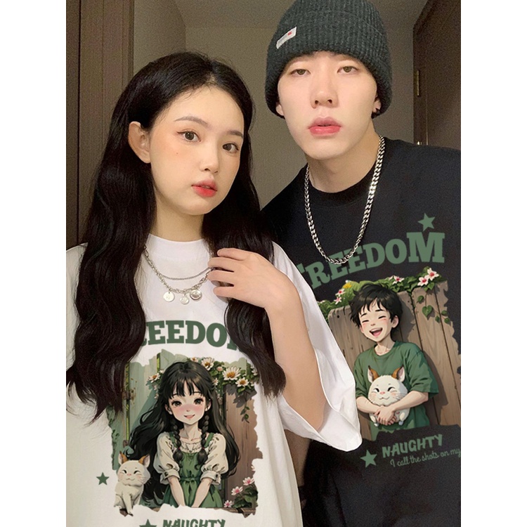 Áo phông unisex trắng đen couple form rộng tay ngắn cổ tròn cho cặp đôi nam nữ