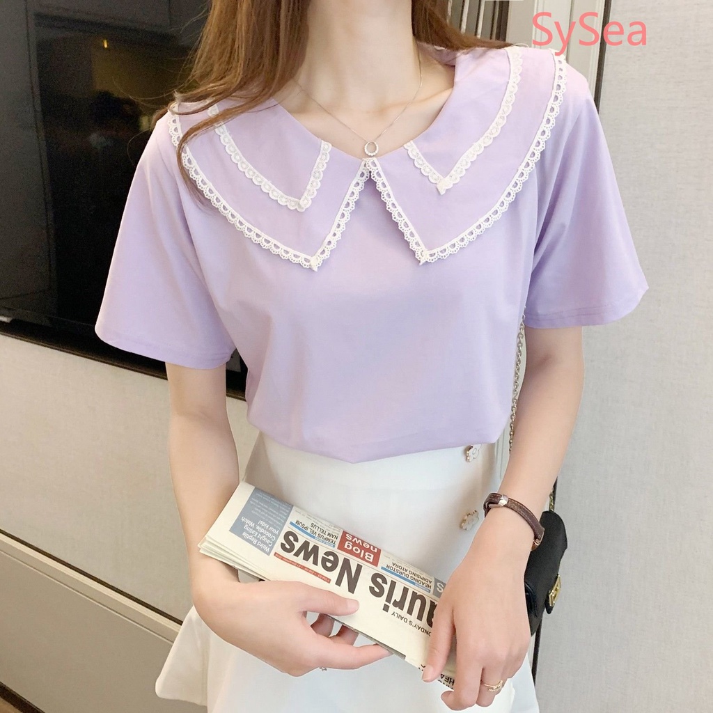 Áo Sơ Mi Ngắn Tay Dáng Rộng Phối Ren Phong Cách Hàn Quốc Dành Cho Nữ