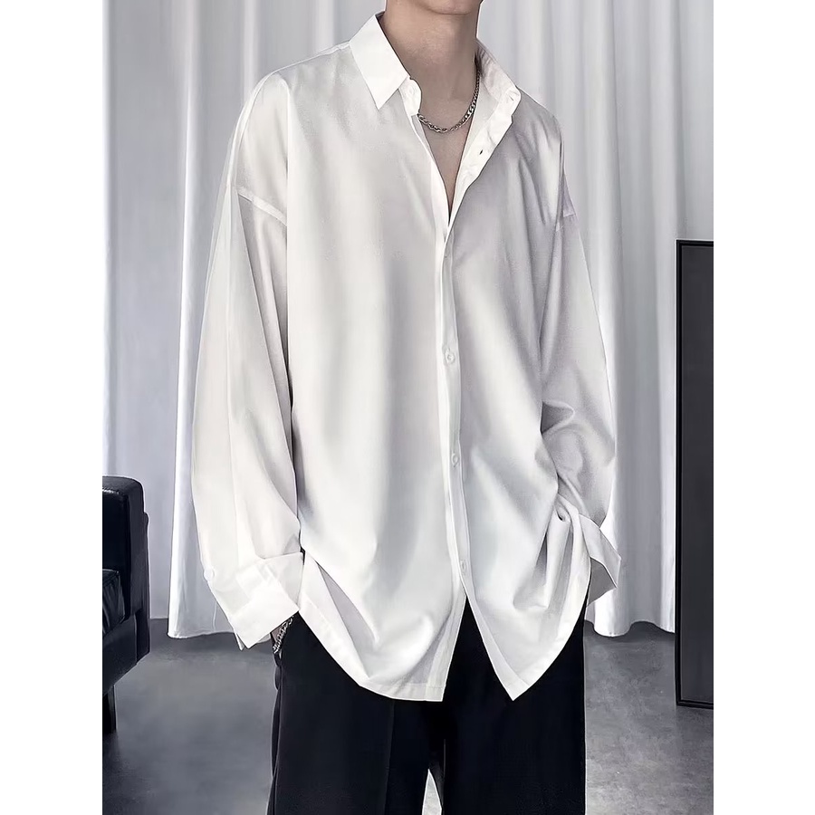 Áo Sơ Mi Tay Dài Dáng Rộng Màu Sắc Đơn Giản Thời Trang Công Sở Cao Cấp Cho Nam