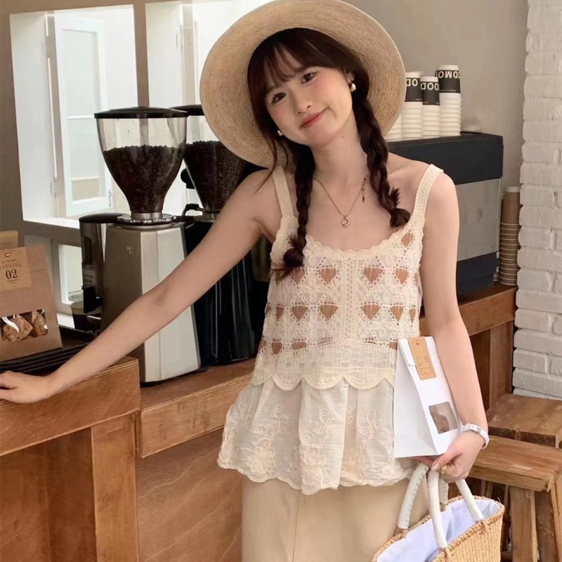 Xiangbao Áo Dệt Kim Không Tay Dáng Rộng Ghép Nối Viền Rỗng Họa Tiết Hoa Đáng Yêu Phù Hợp Cho Trường Học Hàng