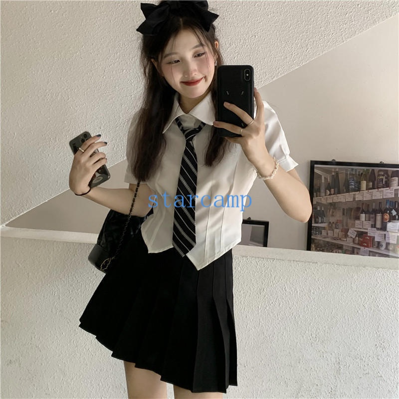 Bộ Đồng Phục Áo Sơ Mi + Chân Váy Xếp Ly Phong Cách Preppy Mẫu Mới 2023