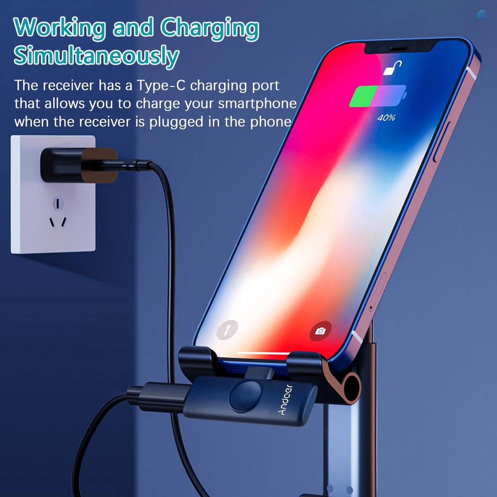 Hệ Thống Micro Không Dây Mini Andoer 2.4G (1 Bộ Phát + 1 Bộ Nhận) Mic Kẹp 20M Tích Hợp Pin Loại-C