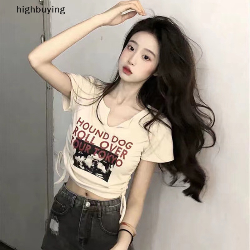 Áo Thun Lửng Ngắn Tay Cổ Chữ V In Chữ Phong Cách Retro Cho Nữ