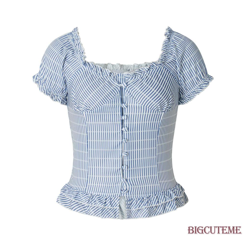 Áo Croptop Tay Ngắn Họa Tiết Sọc Caro Xinh Xắn Cho Nữ