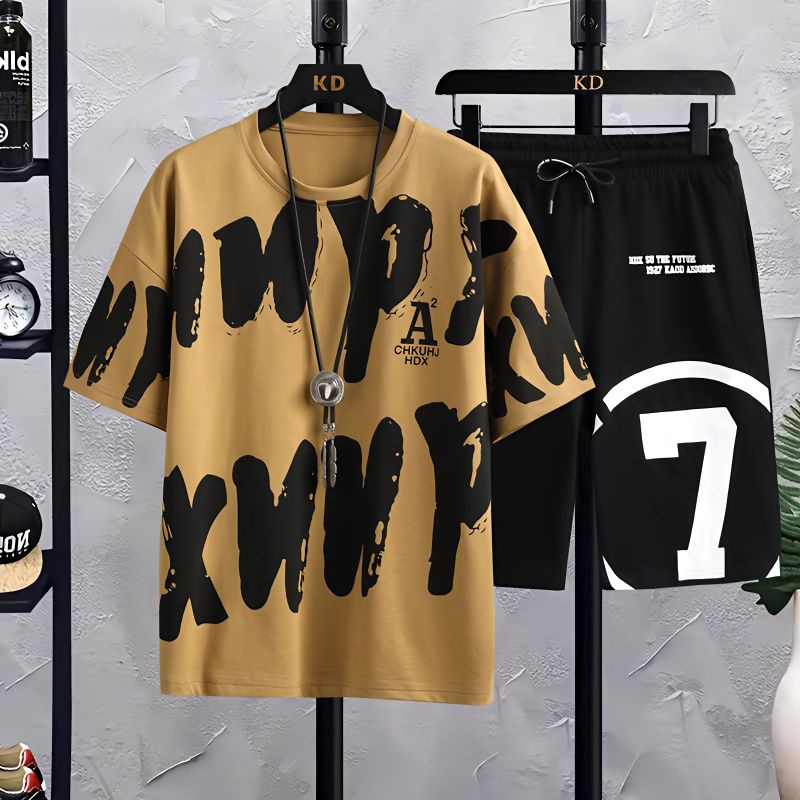 Bộ Áo Thun Tay Ngắn Cổ Tròn Phối Quần Short Thời Trang Mùa Hè 2023 Cho Nam