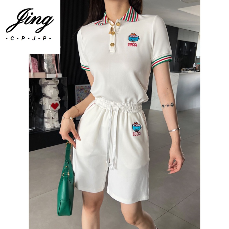 Mới Set Áo Polo Thêu Họa Tiết + Quần Short Dây Rút Ống Rộng Thời Trang 2023