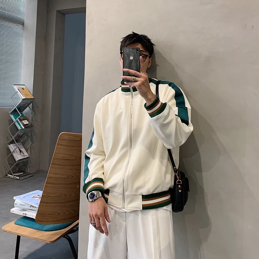 TIDE BEAR Áo Khoác Bóng Chày Cổ Đứng Dáng Rộng Kẻ Sọc Màu Tương Phản Thời Trang Xuân Thu Cho Nam