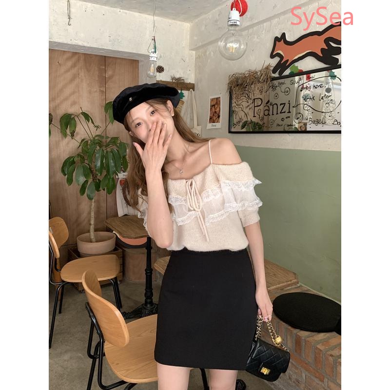 Áo Dệt Kim Trễ Vai Phối Ren Thời Trang Mùa Hè Cho Nữ