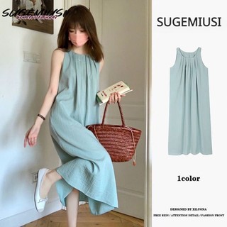 Sugemiusi Nhật Bản Đầm Dài Đi Biển Hai Dây Dáng Rộng Hở Lưng Màu Trắng Cho Nữ