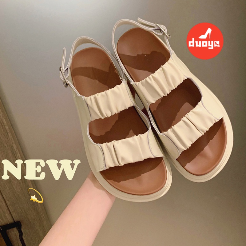 Duoya Tóc Thẳng ~ [Hàng Có Sẵn] Giày Sandal Thể Thao Đế Phẳng Dày Dây Xếp Ly Cài Khóa Phẳng Phong Cách Giản Dị