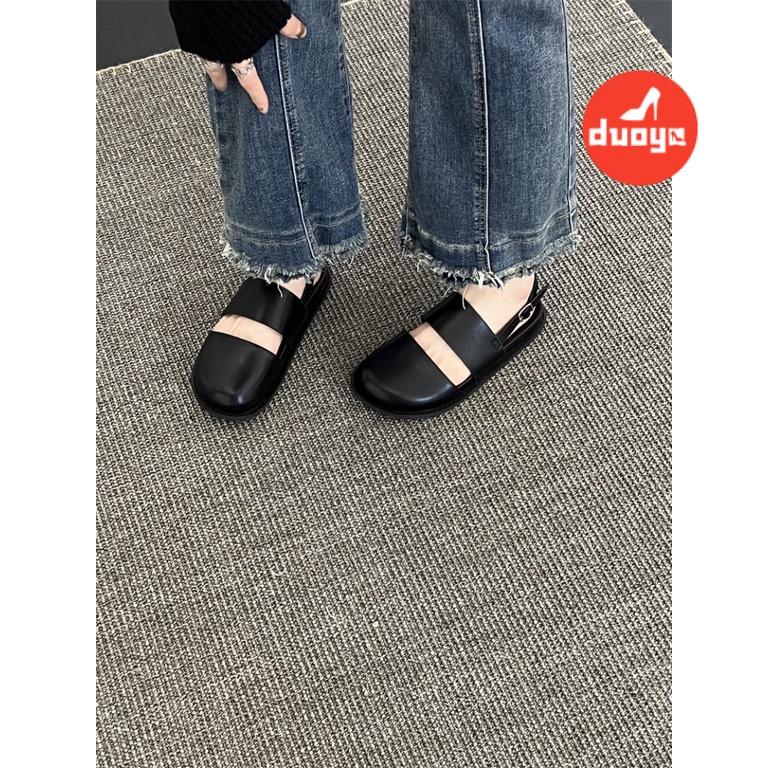 Duoya Tóc Thẳng ~ [Hàng Có Sẵn] Dép Muller Đế Phẳng Dày Hở Ngón Quai Dây Cài Khóa Sau Dành Cho Bạn Nữ Miễn Phí Vận Chuyển