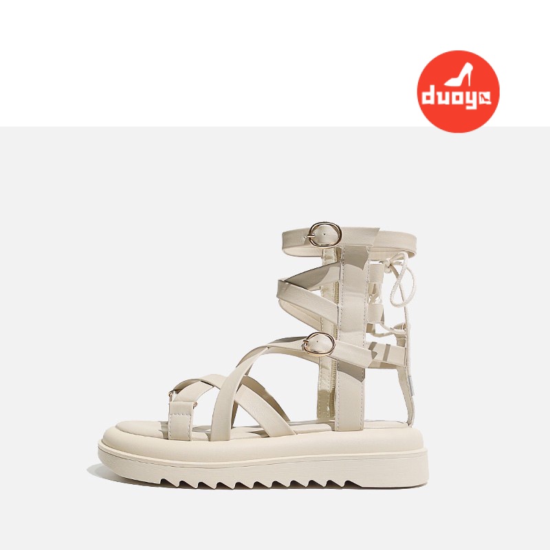 Duoya Tóc Thẳng ~ [Hàng Có Sẵn] Sandal Roman Hở Ngón Đế Dày Bằng Da Mềm Chống Trượt Có Khóa Kéo Bên Hông Dành Cho Nữ