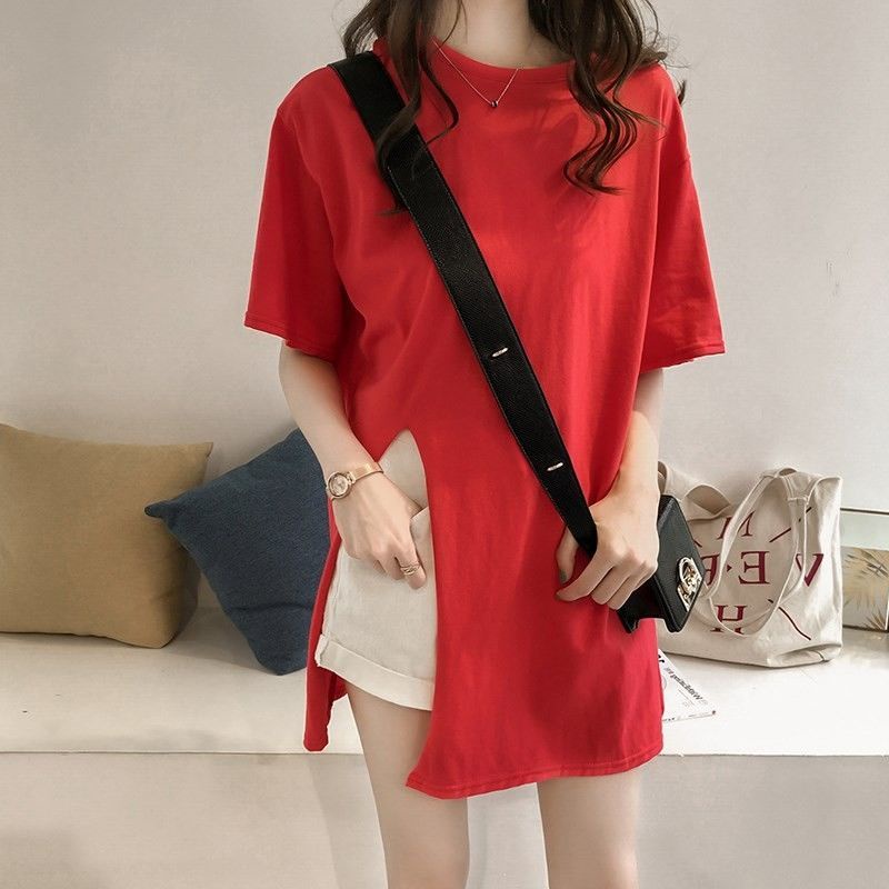 Áo Thun Ngắn Tay Dáng Rộng Xẻ Tà Thời Trang Mùa Hè Cho Nữ
