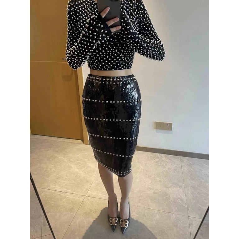 Chân Váy Đen Đính Sequin Lấp Lánh Thời Trang Vintage Cho Nữ