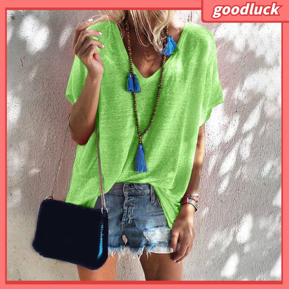 Áo Thun Tay Ngắn Cổ Chữ V Màu Sắc Đơn Giản Dành Cho Nữ