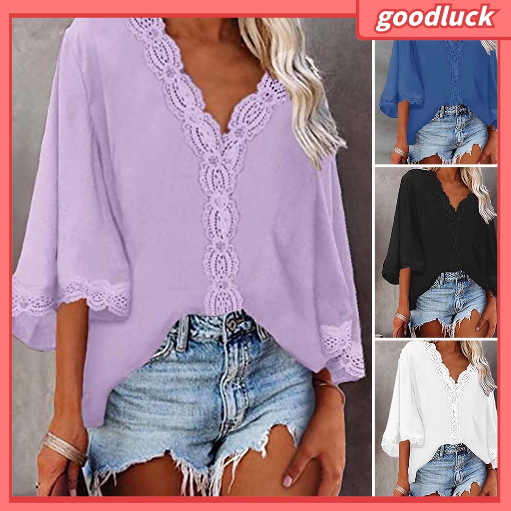 Áo Sơ Mi Tay Loe 3 / 4 Cổ Chữ V Màu Sắc Thời Trang Dành Cho Nữ