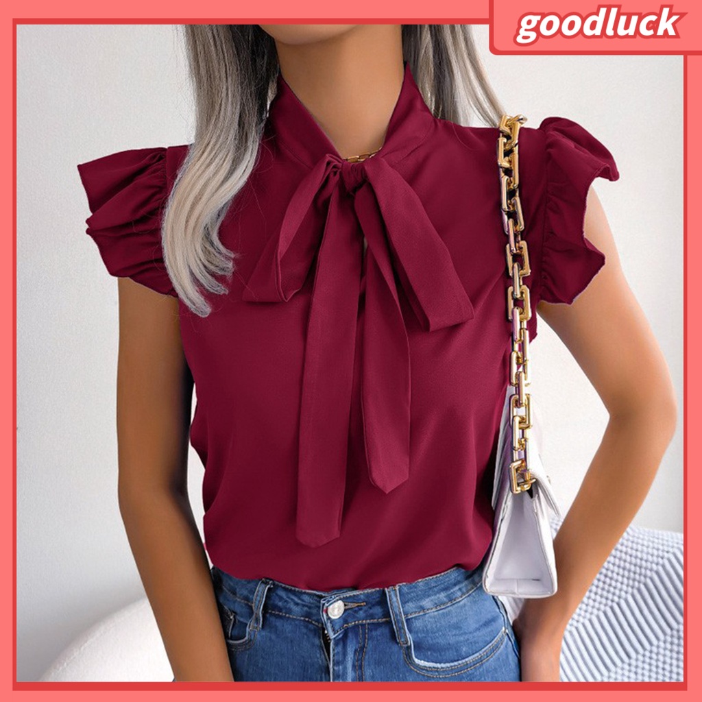 [ULK] Áo Sơ Mi Tay Ngắn Cổ Đứng Màu Trơn Trang Trọng Thắt Nơ Viền Bèo Thời Trang Mùa Hè Cho Nữ