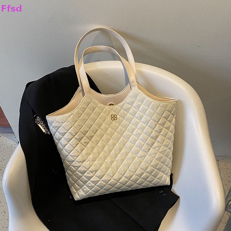 {Ffsd} Túi Xách Tote Đeo Vai Cỡ Lớn Kẻ Sọc Hình Thoi Vintage Mùa Thu Cao Cấp Có Khóa Cài * Bán Chạy
