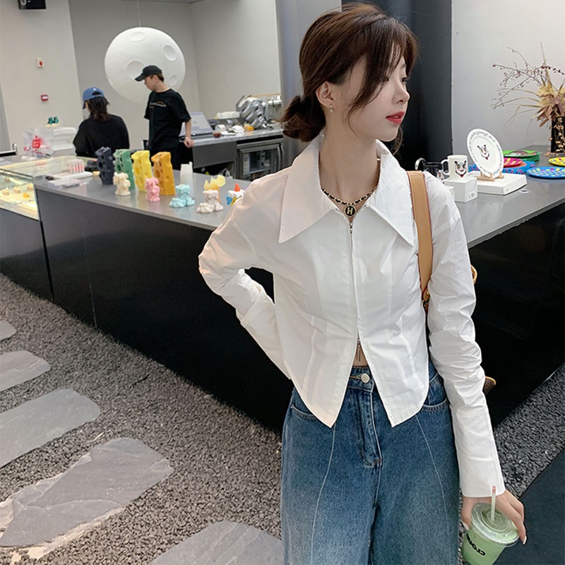 Áo sơ mi trắng trơn kiểu nữ dáng dài chiết eo đi chơi đi biển mùa hè nữ thời trang nữ phong cách hàn quốc