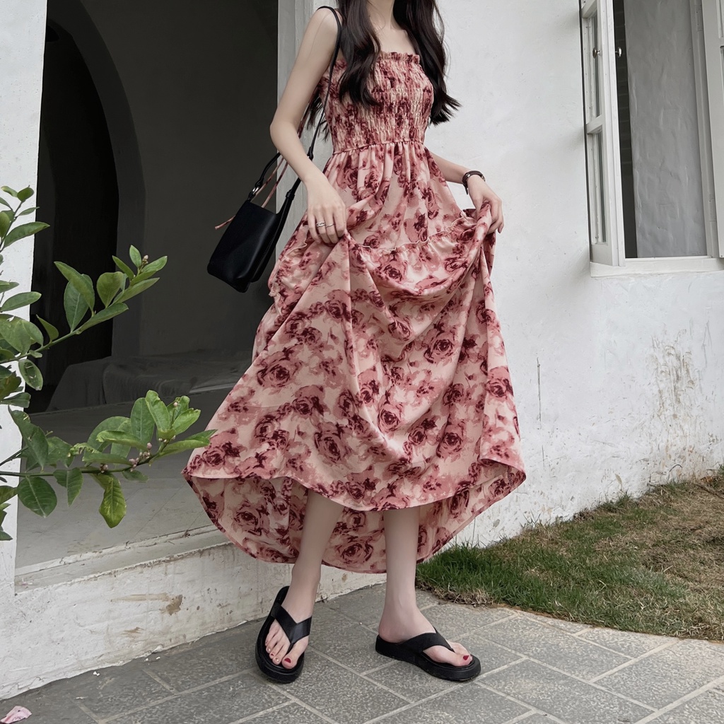 Đầm Hai Dây Dáng Dài Họa Tiết Hoa Phong Cách retro Hàn Quốc